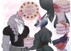 2_penises absurd_res anthro birthday_cake bite biting_lip biting_own_lip blush bodily_fluids body_hair braided_hair braided_tail cake canid canine canis chest_hair clothed clothing confusion cum cum_as_food cum_cake cum_in_food cum_on_hand cum_on_penis dark_body dessert diphallia diphallism duo ear_piercing ejaculation english_text erection excessive_cum excessive_genital_fluids fish food food_fetish food_penetration food_play genital_fluids genitals gynomorph hair happy_birthday hat headgear headwear heterochromia hi_res hybrid improvised_sex_toy intersex jewelry male mammal marine markings multi_genitalia multi_penis multicolored_body multicolored_hair muscular muscular_anthro muscular_intersex muscular_male nude open_mouth party_hat penis piercing presenting shark simple_background smile soraya_dax spots spotted_body sweat sweatdrop tail teeth text unknown_artist wolf xan_(nailhead) yellow_eyes