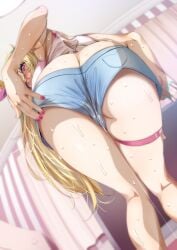 1girls aqua_nails ass ass_focus blonde_hair breasts cleft_of_venus female from_below fumihiko_(pixiv2658856) highres hoshikawa_sara large_breasts long_hair nail_polish nijisanji pink_eyes pink_nails pussy_juice shorts side_ponytail solo sweat very_long_hair very_sweaty virtual_youtuber vtuber