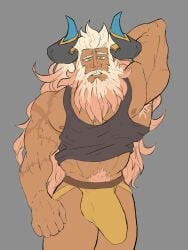 armpit_hair balls bara beard big_bulge bulge clothing dragalia_lost facial_hair flaccid gauld hand_behind_head horns jockstrap mageshitposts male male_only muscles muscular pantsless penis scars solo solo_male tanktop