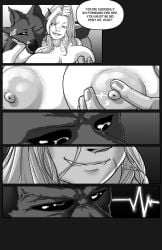 absurd_res anthro areola big_breasts bite biting_lip breast_fondling breast_grab breast_play breasts canid canine cheek_tuft clothing cross-popping_vein dialogue duo elf facial_scar facial_tuft female fondling hand_on_breast hi_res humanoid humanoid_pointy_ears junker_draws looking_pleasured male male/female mammal muscular muscular_female muscular_male mythological_canine mythological_creature mythology pointy_ears scar smile speech_bubble text tuft vein werecanid werecanine werecreature werewolf