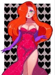 1girls artist_signature big_breasts busty cleavage disney dress earrings eyeshadow green_eyes hair_over_one_eye heart jessica_rabbit legs light-skinned_female light_skin purple_eyeshadow red_dress red_hair sparkling_dress thighs watermark who_framed_roger_rabbit