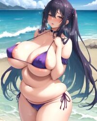 ai_generated blush breasts chubby chubby_belly chubby_female colorful_hair fat fat_female fat_woman ocean ocean_background original_character seaside