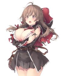 ahoge black_skirt blush bow bow_bra bra braid breasts brown_hair capelet cleavage covering_breasts covering_privates female female_only hair_ribbon highres hood hood_down kantai_collection large_breasts long_hair long_sleeves messy_hair open_mouth pleated_skirt red_ribbon ribbon sakana_(flame_sakana) shinshuu_maru_(kantai_collection) simple_background single_braid skirt solo solo_female sweat torn_clothes underwear white_background white_bra