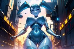 1robot_girl ai_generated big_breasts blue_eyes blue_hair blue_skin cameltoe jenny_wakeman looking_at_viewer metallic_body my_life_as_a_teenage_robot nipples no_bra poncedart robot_humanoid short_hair twintails xj-9