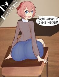 1female 1girls artist_name ass big_ass big_butt blue_eyes blue_skirt butt desk doki_doki_literature_club dweezyvox english_text female girl sayori_(doki_doki_literature_club) school_desk sitting sitting_down sitting_on_desk skirt speech_bubble strawberry_blonde_hair text text_bubble