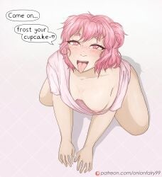 1female 1girls 5_fingers asking_for_it breasts collarbone doki_doki_literature_club english_text female female_focus heart heart-shaped_pupils mouth_open natsuki_(doki_doki_literature_club) nip_slip nipple nipple_slip onionfairy99 onionfairylewds open_mouth pink_eyebrows pink_eyes pink_hair pink_tongue shadow solo_focus speech_bubble text text_bubble tongue tongue_out