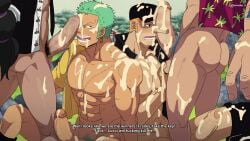 ass balls bara big_balls big_penis blush burankoprn cum english_text erection franky gay green_hair kaku_(one_piece) male male/male male_nipples male_only male_pubic_hair muscular_male nipples nude one_piece penis roronoa_zoro scar text