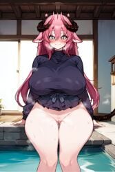 ai_generated dragon_girl heavy_breathing horns huge_breasts irelyth long_hair nude pink_hair pool ricochetk smile succubus sweat virtual_youtuber vtuber wide_hips