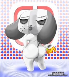 anthro ass bedroom_eyes english_text half-closed_eyes logo nintendo nintendo_switch pussy seductive switch_dog text thick_thighs tongue video_games wastedtimeee