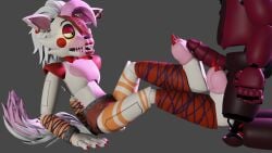 1boy 1girls blue_eyes bunny_boy crosx_sfm crosxsfm fan_character female five_nights_at_freddy's five_nights_at_freddy's:_security_breach footjob glamrock_mangle male pink_skin purple_skin robot sex spring_bonnie spring_bonnie_(fnaf) white_skin wolf_girl yellow_eyes