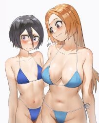 2girls alternate_costume bikini black_hair bleach breasts brown_eyes female female_only hair_between_eyes highres inoue_orihime kuchiki_rukia large_breasts mother_daughter_boob_envy_(meme) multiple_girls navel orange_hair photo-referenced purple_eyes simple_background small_breasts swimsuit waligner white_background