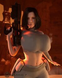 1girls 3d 3d_(artwork) black_hair breasts breasts_bigger_than_head child_bearing_hips female female_only female_solo gun holding_gun holding_object holding_weapon hourglass_figure kate_beckinsale looking_at_viewer lucasfilm midriff padme_amidala_(cosplay) padme_on_geonosis selene_(underworld) skin_tight slim_waist solo solo_female star_wars underworld upper_body vaako vampire vampire_girl watermark weapon wide_hips