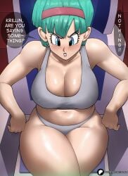 1female 1girls 2d absurdres alternate_breast_size big_breasts blue_hair breasts bulma_briefs bulma_briefs_(frieza_saga) bulma_redraw_challenge_(meme) cleavage dragon_ball dragon_ball_z echosaber english_text fat_breasts female flat_belly full_color krillin kuririn large_breasts light_skinned_female short_hair solo solo_female text thick_thighs