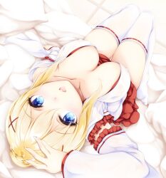 1girls alternate_costume bed_sheet blonde_hair blue_eyes boldcats breasts breasts_apart collarbone covered_erect_nipples darkness_(konosuba) detached_sleeves downblouse frilled_sleeves frills hair_ornament hand_up highres japanese_clothes kimono kono_subarashii_sekai_ni_shukufuku_wo! large_breasts long_sleeves looking_at_viewer looking_up lying miko on_back open_clothes open_kimono open_mouth solo thighhighs thighs white_kimono white_thighhighs x_hair_ornament