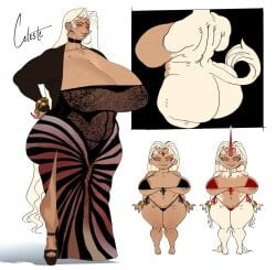 1girls bikini black_dress blonde_hair bracelet celeste_(chanxswan) chanxswan character_sheet cleavage dress forehead_mark full_body gigantic_breasts high_heels lips original plump ringed_eyes simple_background single_horn solo spiral_eyes standing thick_thighs very_long_hair