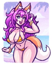 1girls 2024 beach big_breasts bikini fox fox_ears fox_girl fox_tail green_eyes hooksnfangs huge_breasts purple_hair solo solo_female tagme thick