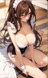 ai_generated apologizing blush breasts brown_hair clothed embarrassed fallen_down female_issei high_school_dxd holding_leg horny huge_breasts maid_headdress maid_outfit maid_uniform makeup on_the_floor on_the_ground panties perfect_body red_lips red_lipstick shirt_open tired white_bra yellow_eyes