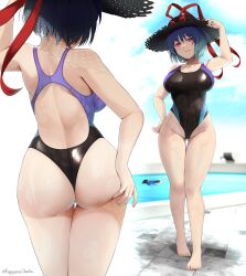 1girls ass big_ass big_breasts competition_swimsuit hat headwear iku_nagae kagiyama_shachou light-skinned_female light_skin mature_female milf purple_hair swimsuit touhou