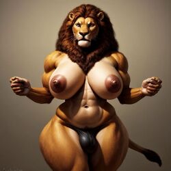 ai_art ai_generated animal_head balls_in_panties furry furry_only lion man_boobs man_breasts solo