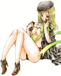 07th_expansion ankle_boots beret black_panties blonde_hair boots breasts brown_eyes cape female full_body hat hatori_akiyo high_heel_boots high_heels higurashi_no_naku_koro_ni large_breasts legs long_hair long_legs panties ribbon side-tie_panties simple_background solo solo_female takano_miyo underwear white_background