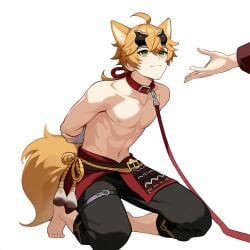 ai_generated barefoot blonde_hair collar dog_ears dogboy kneeling leash shirtless tail thoma_(genshin_impact)