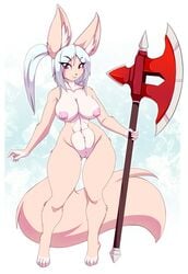 axe big_breasts breasts canine female fennec fox jessica_elwood mammal melee_weapon weapon