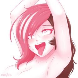 1girls ahe_gao blush cslucaris drooling female female_only monochrome multicolored_hair naughty_face neo_(rwby) nude rwby sexually_suggestive simple_background solo spot_color sweat tongue tongue_out white_background