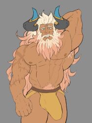 armpit_hair balls bara beard big_bulge bulge clothing dragalia_lost facial_hair flaccid gauld hand_behind_head horns jockstrap jockstrap_only mageshitposts male male_only muscles muscular penis scars solo solo_male