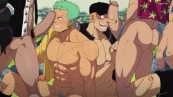 ass balls bara big_balls big_penis blush burankoprn erection franky gay green_hair kaku_(one_piece) male male/male male_nipples male_only male_pubic_hair muscular_male nipples nude one_piece penis roronoa_zoro scar