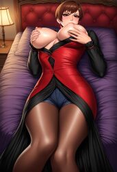 ai_generated big_breasts brown_hair choker earrings king_of_fighters long_dress nipples on_bed pantyhose self_breast_sucking short_hair shorts snk vice_(kof)