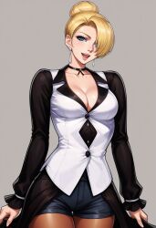 ai_generated blonde_hair blue_eyes choker earrings king_of_fighters long_dress mature_(kof) pantyhose shorts smile snk