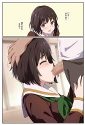 1boy black_hair deepthroat fellatio female hand_on_another's_head hibike!_euphonium hisaishi_kanade instant_loss irrumatio kitauji_high_school_uniform oral orange_eyes school_uniform short_hair straight tearing_up triangle_(zztg3775)