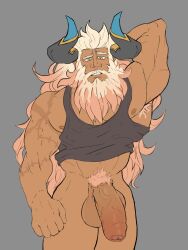 armpit_hair balls bara beard big_balls big_penis bottomless clothing dragalia_lost facial_hair flaccid gauld hand_behind_head horns mageshitposts male male_only muscles muscular pantsless penis scars solo solo_male tank_top