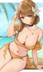 1girls alternate_costume bare_arms bare_shoulders beach beauty_mark bikini black_choker breasts brown_eyes brown_hair choker closed_mouth collarbone female female_only fire_emblem fire_emblem_engage flower goldmary_(fire_emblem) hair_flower hair_ornament haru_(nakajou-28) highres jewelry large_breasts leaning_to_the_side looking_at_viewer mole mole_on_breast navel nintendo ocean outdoors pendant sitting smile solo stomach swimsuit teenage_girl teenager thighs yellow_bikini yellow_swimsuit