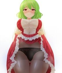 1girls black_panties black_pantyhose blush closed_eyes d_ginac_e green_hair kazami_yuuka large_breasts looking_at_viewer plead_skirt plead_vest red_eyes red_skirt red_vest short_hair skirt_lift solo touhou white_shirt yuka_kazami yuuka_kazami