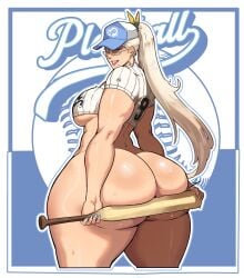 1futa ass ass_focus baseball_bat baseball_cap baseball_uniform big_ass bottom_heavy bottomless donaught earrings fajji futa_only futanari gigantic_ass glasses huge_ass jersey long_hair looking_at_viewer looking_back mole_under_mouth ponytail smile solo solo_focus underboob wide_hips wink winking