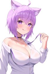 1girls :3q ahoge animal_ear_fluff animal_ears artist_request black_collar blush breasts cat_ears cat_girl cleavage hair_between_eyes hololive hololive_gamers hololive_japan large_breasts licking_lips looking_at_viewer nekomata_okayu purple_eyes purple_hair short_hair virtual_youtuber vtuber