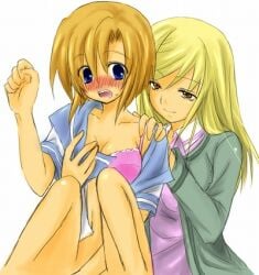 07th_expansion 2girls age_difference artist_request blonde_hair blue_eyes blush bra brown_eyes brown_hair embarrassed hand_on_breast hand_on_shoulder higurashi_no_naku_koro_ni lingerie long_hair looking_at_another multiple_girls open_mouth pink_bra ryuuguu_rena school_uniform serafuku short_hair simple_background smile takano_miyo third-party_source underwear undressing yuri