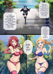 3girls :d ayase_eli bikini blonde_hair blue_eyes blue_hair boots breasts cleavage doujinshi english_text female female_focus forest hi_res kineluchs knee_pads long_hair love_live! love_live!_school_idol_project midriff nature navel nishikino_maki open_mouth paid_reward_available preview purple_eyes red_hair revealing_clothes standing thighhighs tsushima_yoshiko wings wrestling wrestling_outfit wrestling_ring