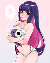 adorable bra cute female honekoneko_(psg) looking_at_viewer panties panty_&_stocking_with_garterbelt pink_hair rasbii solo stocking_anarchy striped striped_panties stuffed_animal