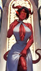 ai_generated bare_shoulders big_breasts big_penis cathedral caverns_&_taverns cleric demon_horns demon_tail futanari open_cleavage priestess red_skin short_hair skirt_lift solo tiefling tiefling_futa tiefling_girl