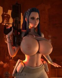 1girls 3d 3d_(artwork) areolae becca_(vaako) blue_hair breasts_bigger_than_head breasts_out exposed_breasts female female_only female_solo gigantic_breasts gun holding_gun holding_object holding_weapon hourglass_figure huge_breasts human human_female human_only long_hair looking_at_viewer lucasfilm nipples nose_piercing nose_ring oc original original_character padme_amidala_(cosplay) padme_on_geonosis painted_fingernails painted_nails ponytail ripped_clothing slim_waist solo solo_female star_wars torn_clothes torn_clothing upper_body vaako wardrobe_malfunction watermark weapon wide_hips