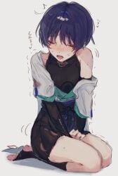 auaua_08 closed_eyes crying embarrassed femboy genshin_impact hiding_erection male male_focus male_only masturbation masturbation_through_clothing pleasure_face saliva saliva_drip scaramouche_(genshin_impact) shaking sitting twink