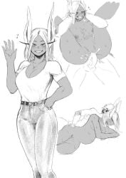 1boy 1girls amano44 artist_request cum_in_pussy cum_inside cumflation dark-skinned_female full_nelson full_nelson_(legs_held) full_nelson_vaginal izuku_midoriya light-skinned_male long_eyelashes miruko monochrome my_hero_academia on_side pleasured_face pregnant rabbit_ears rabbit_girl rumi_usagiyama scar scar_on_arm short_hair smile vaginal_penetration veiny_penis waving