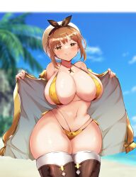 atelier_(series) atelier_ryza beach bikini blurry_background blush closed_mouth gold_bikini huge_breasts huge_thighs necklace nipple_bulge ocean open_clothes palm_tree reisalin_stout skindentation sling_bikini smile smug smug_smile teruwo_sun thick_thighs thighhighs wide_hips