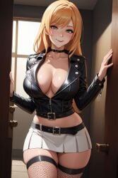 ai_generated belt biker biker_girl biker_jacket black_jacket blonde_hair choker fishnets leather_jacket original_character skirt