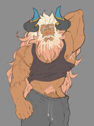 armpit_hair balls bara beard big_bulge bulge clothing dragalia_lost facial_hair flaccid gauld going_commando hand_behind_head horns mageshitposts male male_only muscles muscular penis scars solo solo_male sweatpants tank_top