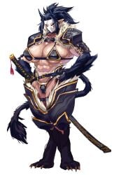 1girls abs armor athletic_female big_breasts claws masked_female muscular_female pointy_ears sword tail virgoart1509