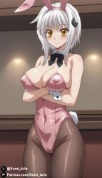 ai_generated blush breast_hold bunny_ears bunny_tail bunnysuit cleavage covered_nipples covered_pussy fishnet_pantyhose gumi_arts hair_ornament high_school_dxd indoors koneko_toujou large_breasts pantyhose pink_bunnysuit short_hair smile stable_diffusion thick_thighs white_hair yellow_eyes