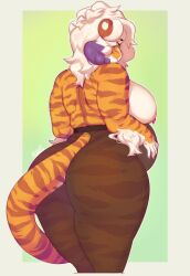 1girls anthro areolae ass big_ass big_breasts buxbi buxbi_(character) curvaceous female female_only fur furry nipple_piercing nipples nude nude_female orange_fur pantherine pantyhose pregnant purple_highlights rear_view slightly_chubby solo tail thick_thighs tiger tiger_stripes white_hair